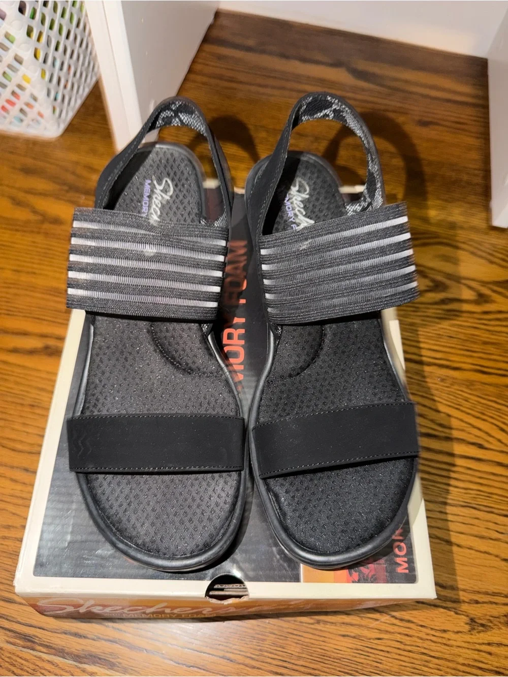 Skechers Women's Black Slip-On Wedge Sandals with Striped Elastic Strap